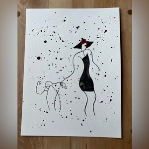 Beautiful Handpainted abstract watercolour lady walking dog